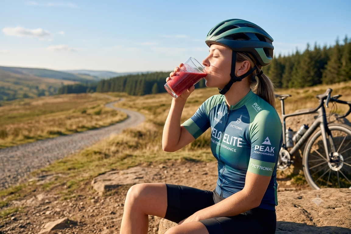 Radfahrerin macht eine Pause und trinkt Rote Bete Saft