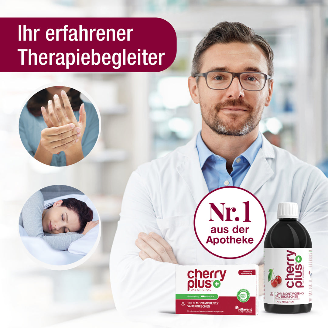 Cherry PLUS als Therapiebegleiter bei Gelenkbeschwerden und Schlafproblemen, mit Arzt und Kapsel-Kombipackung