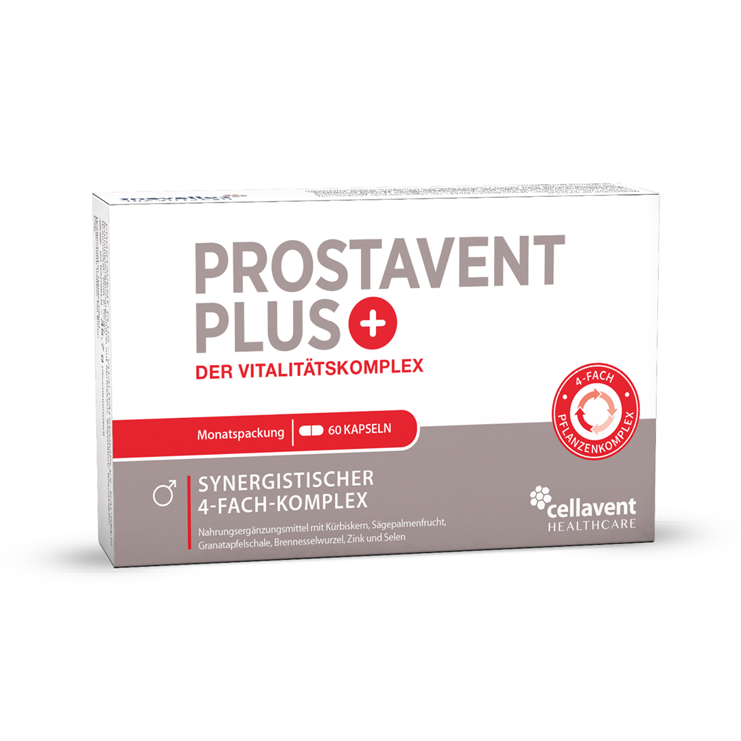 Packaging of "Prostavent PLUS - Prostata Komplex Kapseln" with natural extracts for prostate health support.