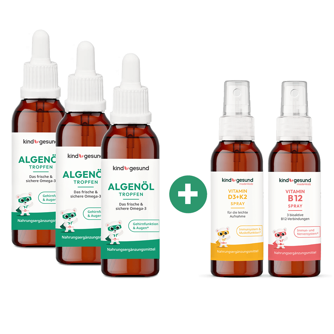3 x Algenöl Tropfen + B12 Spray + Vitamin D3+K2 Spray für Kinder - Cellavent Healthcare
