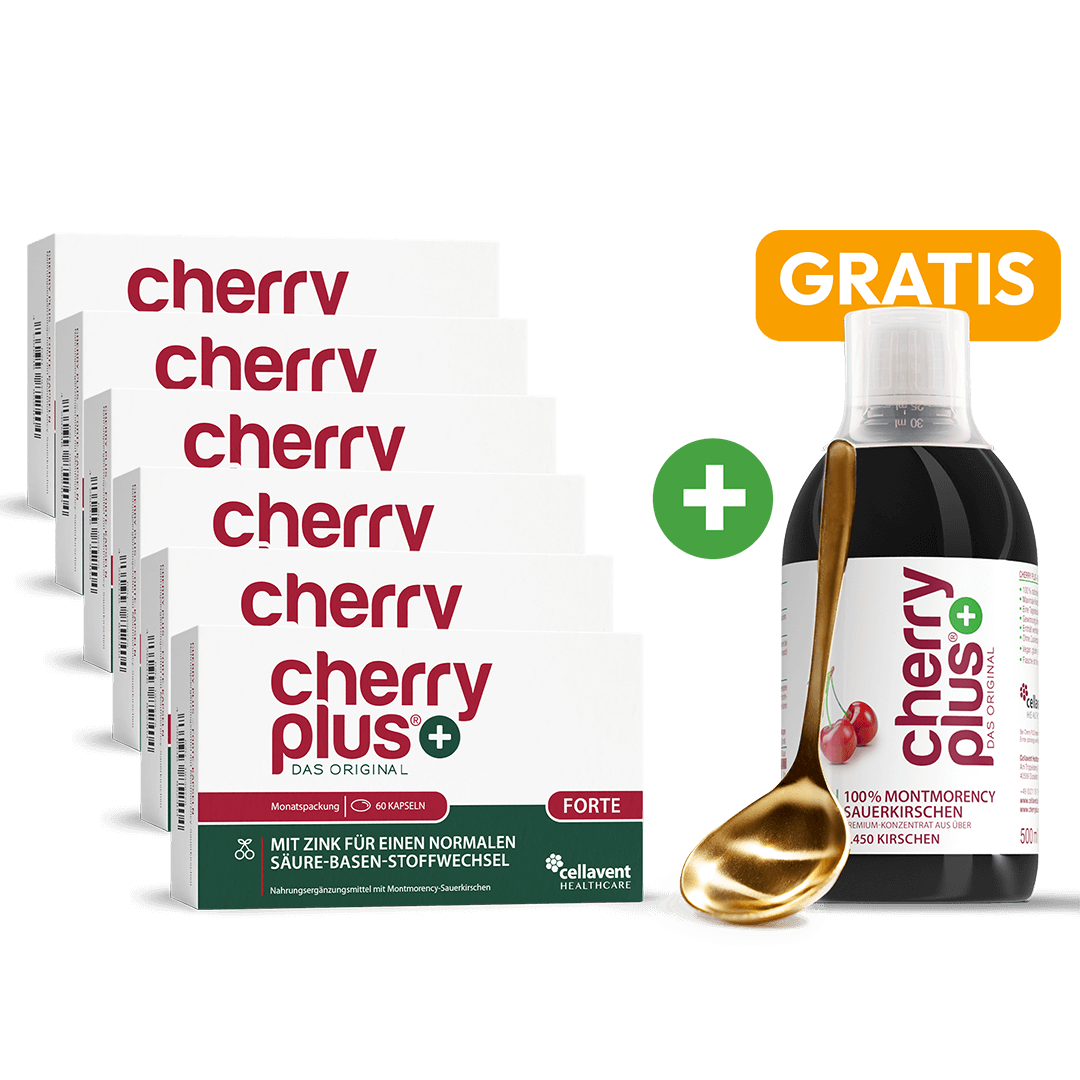 6 x Montmorency Sauerkirsch Kapseln Forte + gratis Cherry PLUS Konzentrat + gratis Dosierlöffel Angebot - Cellavent Healthcare