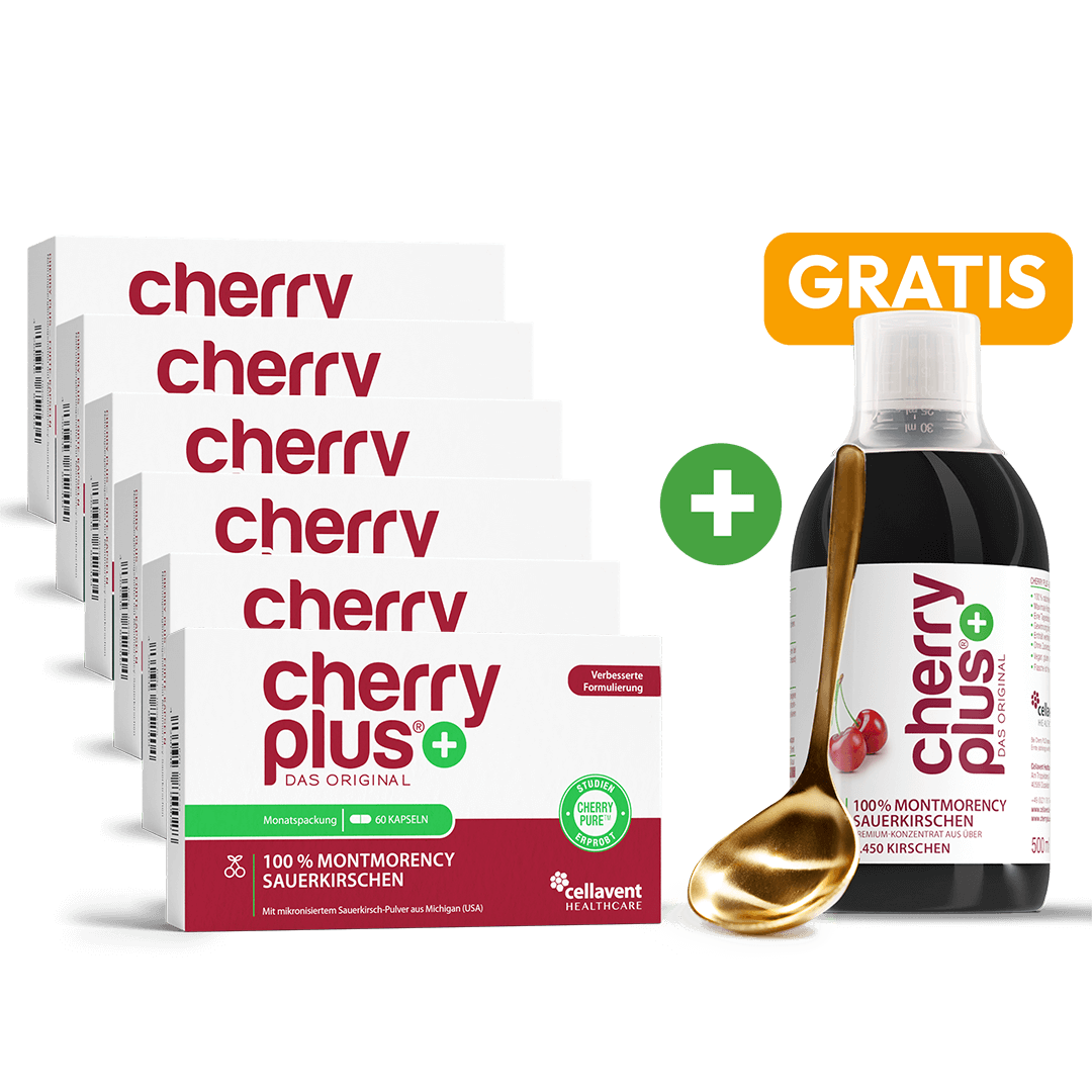 6 x Montmorency Sauerkirsch Kapseln + gratis Cherry PLUS Konzentrat + gratis Dosierlöffel Angebot - Cellavent Healthcare