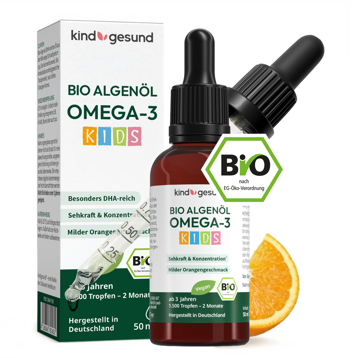 Omega-3 Bio-Algenöl Kinder Tropfen mit Orangen-Aroma, 50 ml