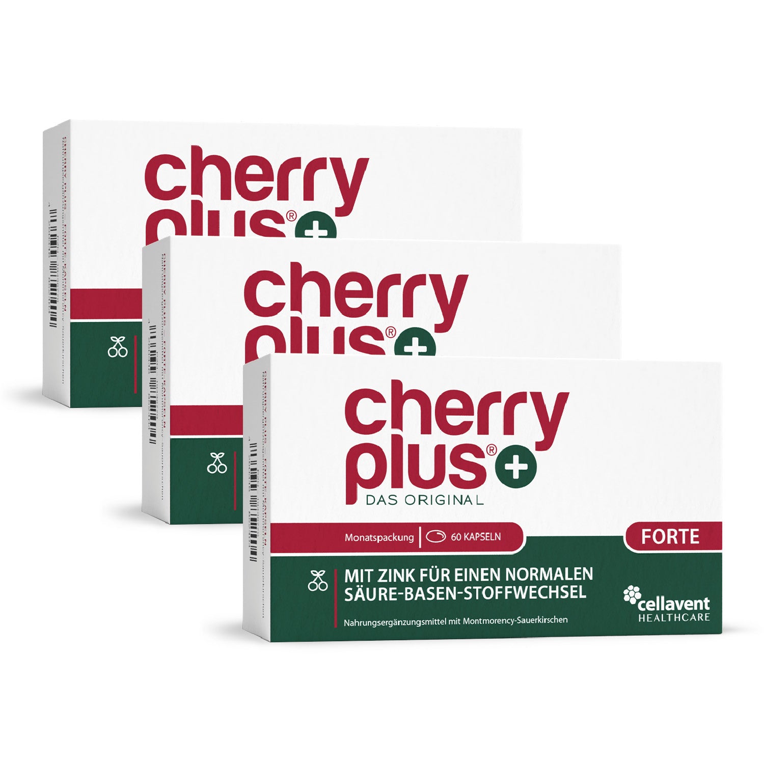 Cherry PLUS Forte Montmorency-Sauerkirschextrakt & Zink Kapseln packaging.