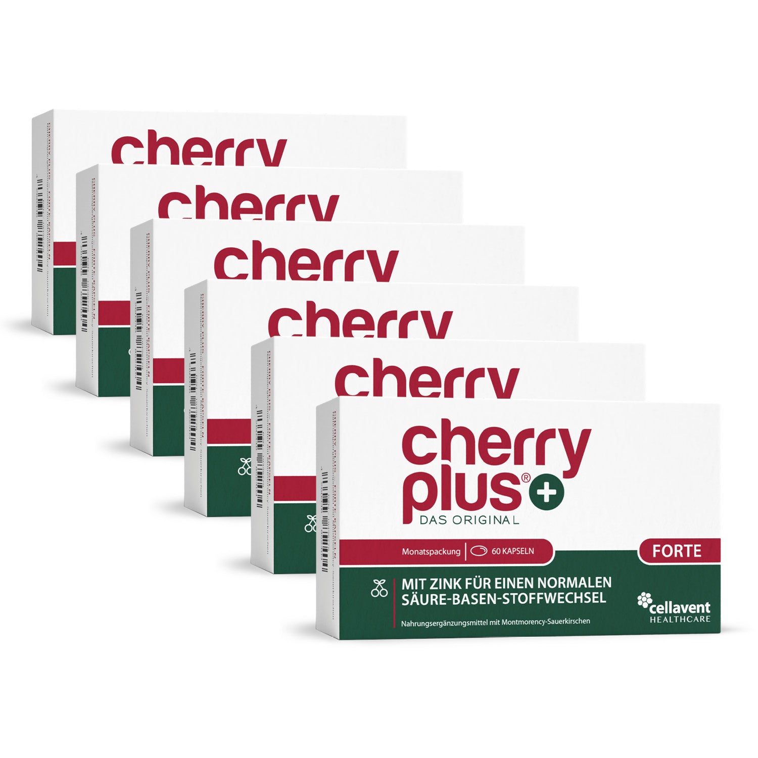 Cherry PLUS Forte capsules box, highest Montmorency cherry extract concentration, enriched with zinc, antioxidant support, 75:1 ratio for enhanced health.
