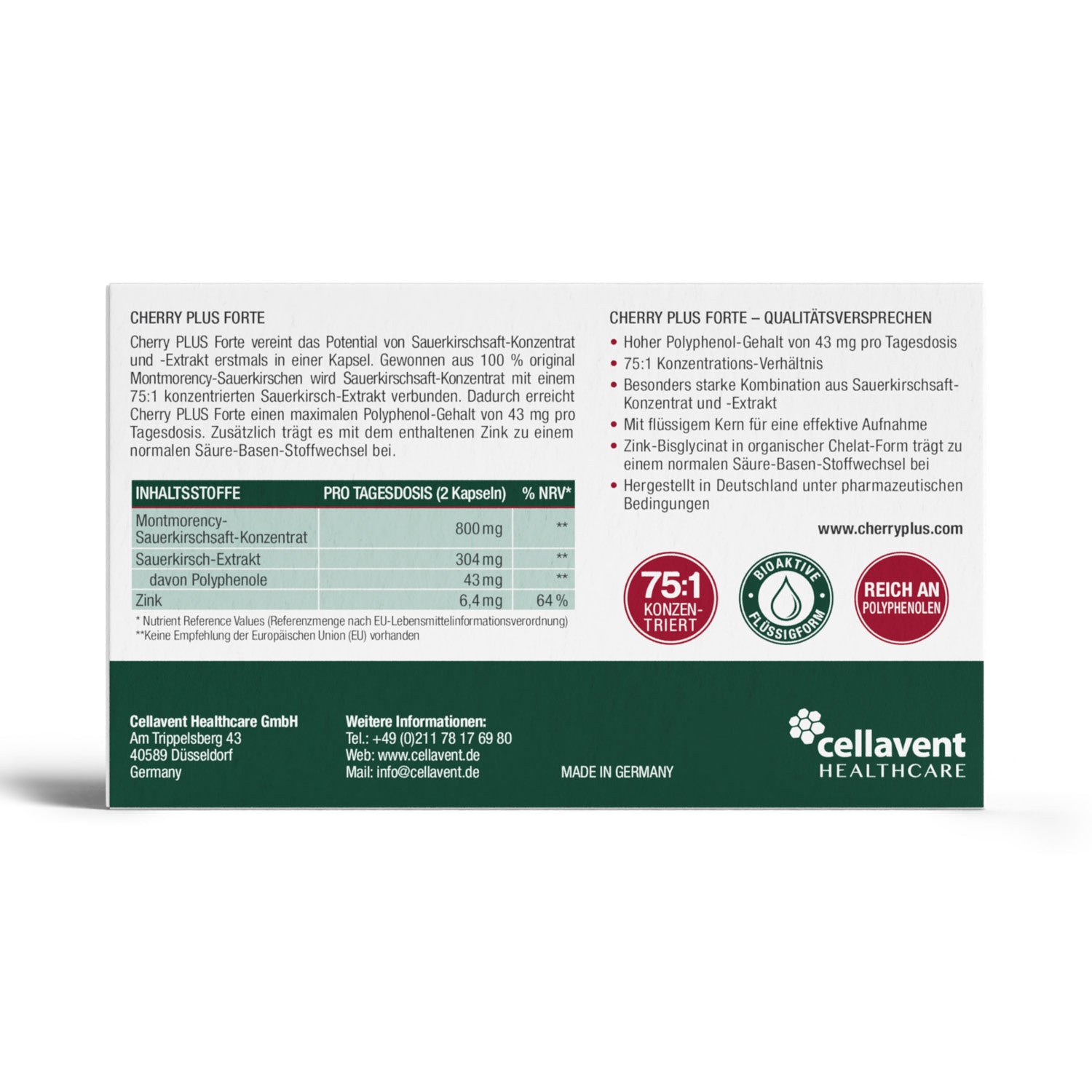 Montmorency-Sauerkirschextrakt & Zink Kapseln Cherry PLUS Forte packaging with 75:1 concentration and antioxidants.