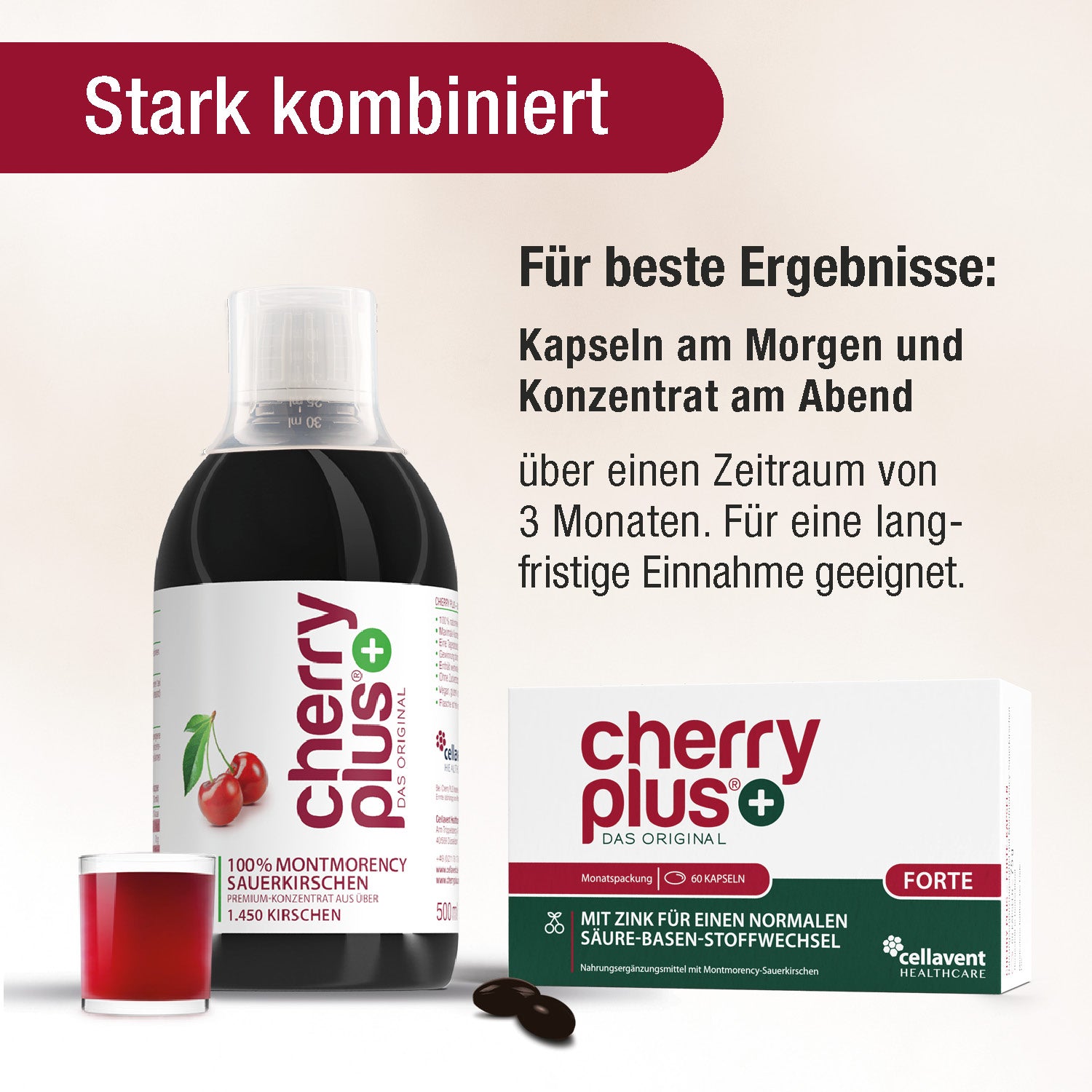 Montmorency-Sauerkirschextrakt & Zink Kapseln, Cherry PLUS Forte, high polyphenol content, enhanced well-being, softgel capsules, antioxidant support.