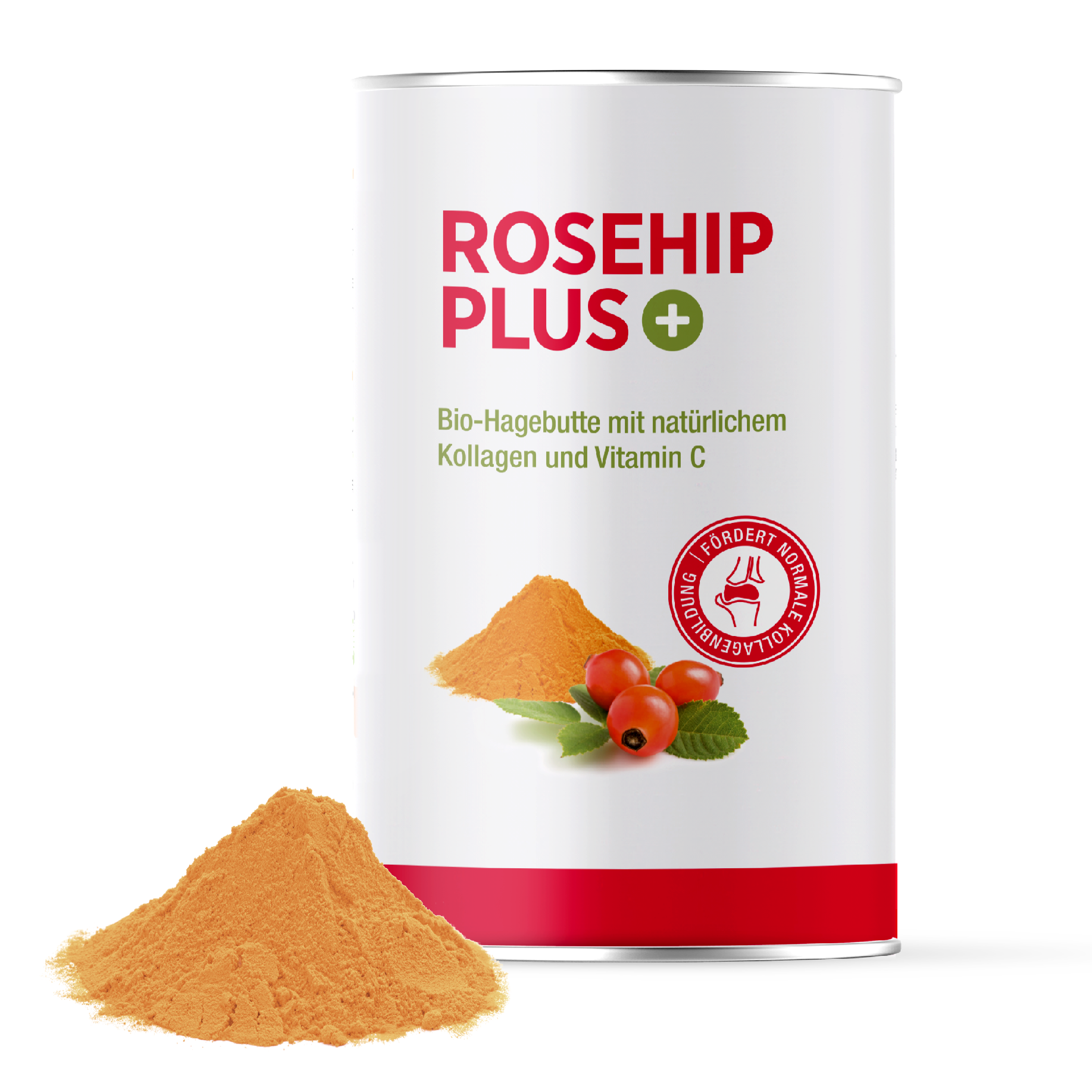 Rosehip PLUS Verpackung und Pulver aus Hagebutte