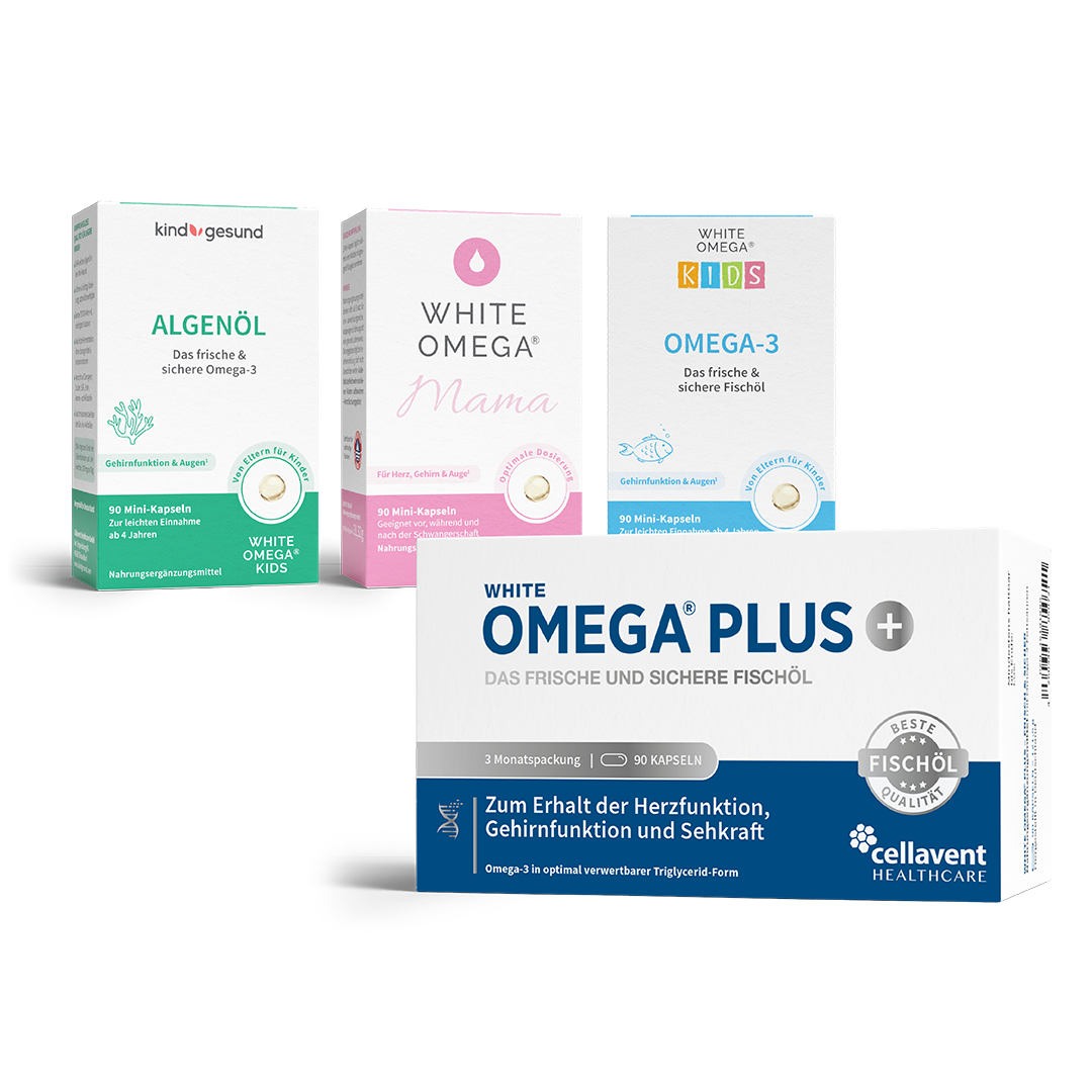 Bundelbild mit White Omega PLUS, Mama, Kind Algenöl und Omega-3