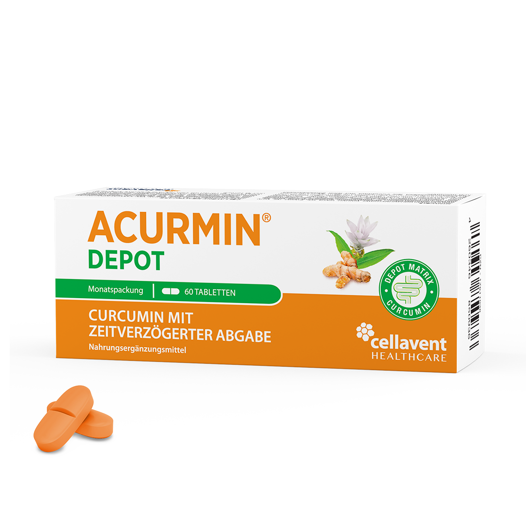 Acurmin DEPOT Verpackung mit zwei orangenen Tabletten