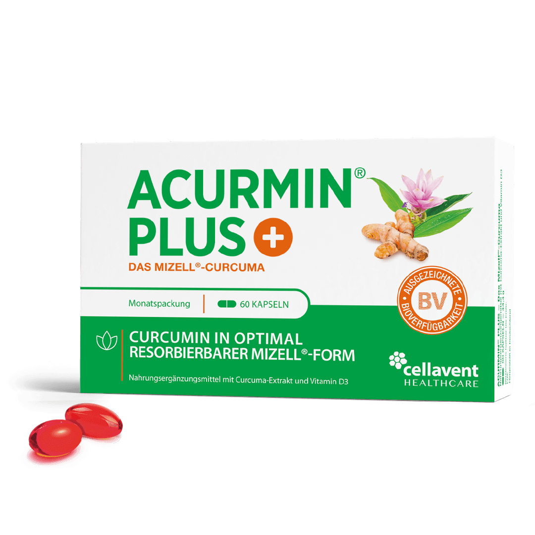 Produktverpackung Acurmin PLUS und zwei rote Kapseln