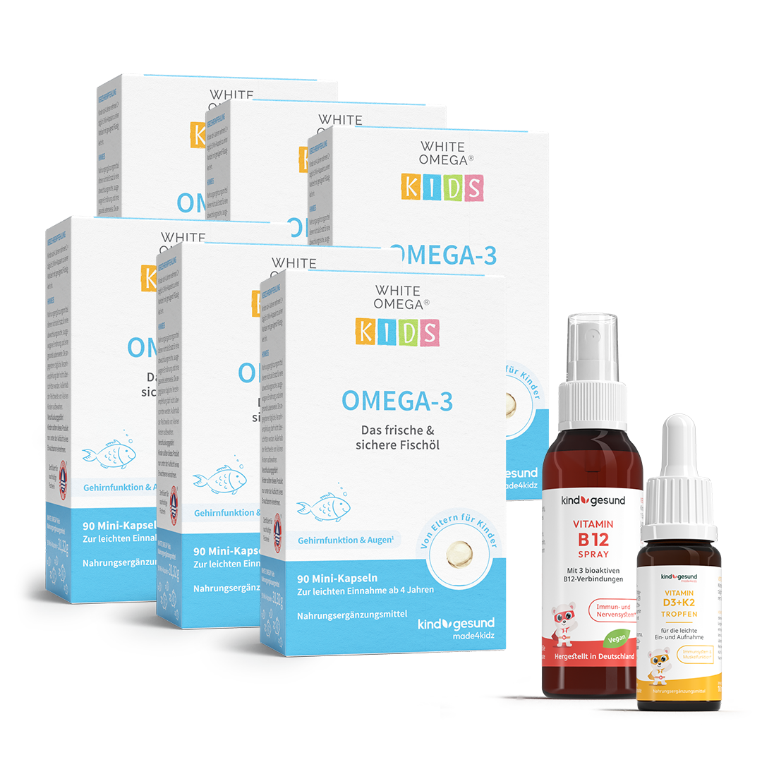 6x WHITE OMEGA Kids Omega-3 + Vitamin B12 Spray + Vitamin D3+K2 Tropfen
