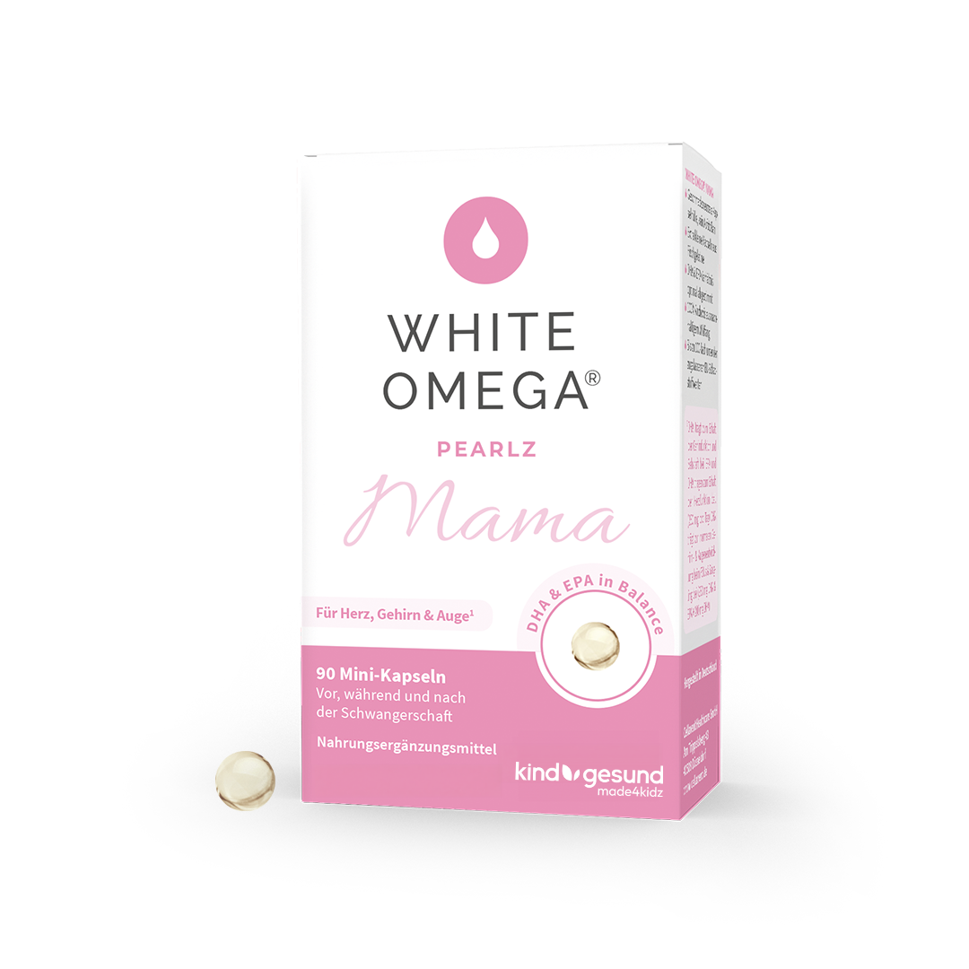 White Omega Mama Verpackung mit einer Pearlz-Kapsel im Vordergrund