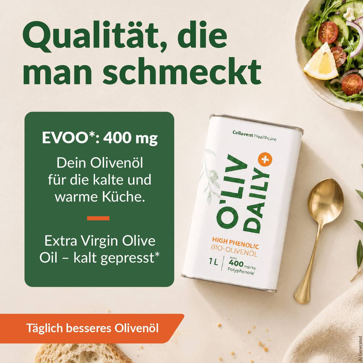 O'Liv Daily Kanister neben einer Salatschüssel und einem Löffel, mit dem Hinweis auf 400 mg Polyphenole und die Eignung für die kalte und warme Küche