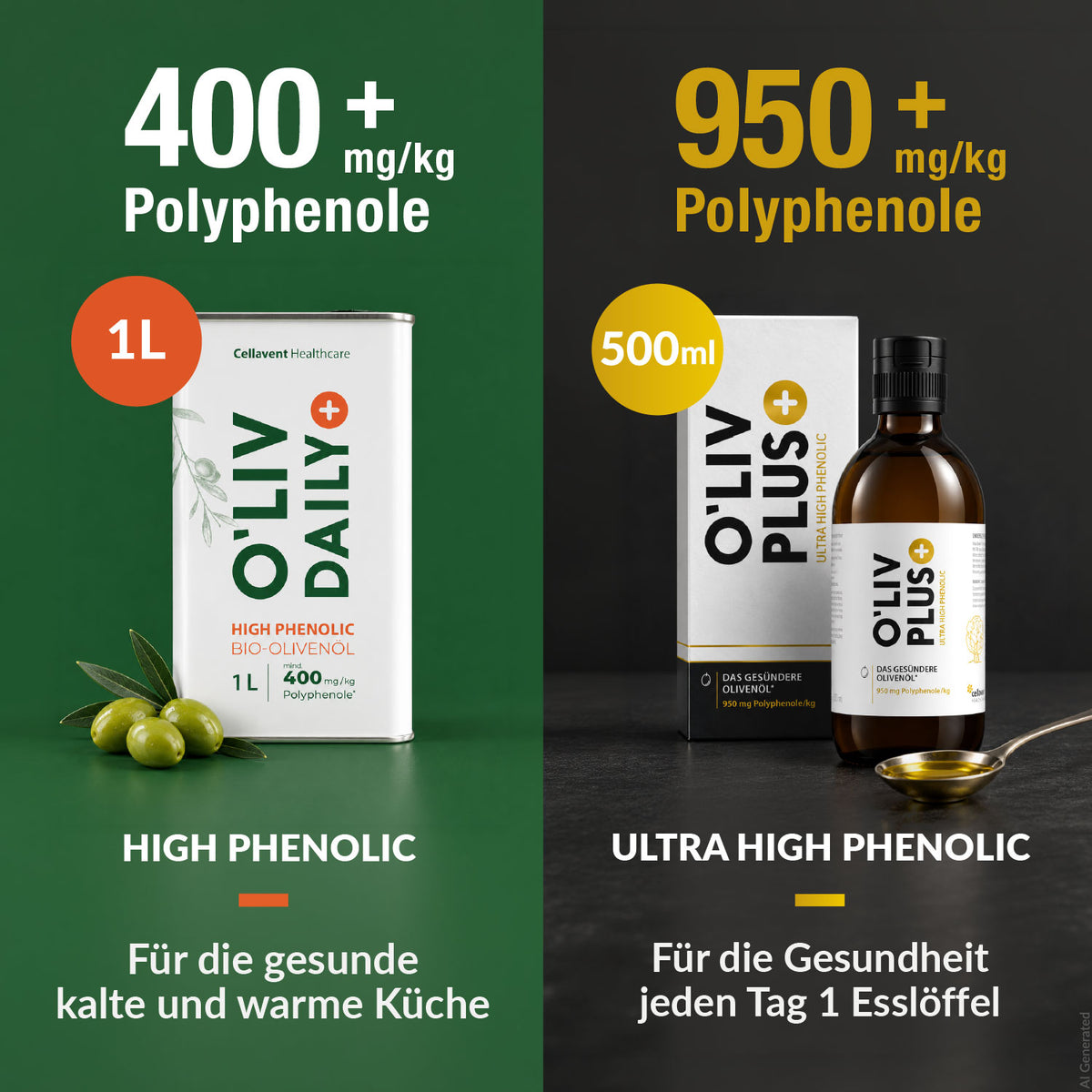 Vergleich O'Liv Daily mit über 400 mg/kg Polyphenolen im 1-Liter-Kanister für die kalte und warme Küche und O'Liv PLUS mit über 950 mg/kg in der 500-ml-Flasche für einen Esslöffel täglich