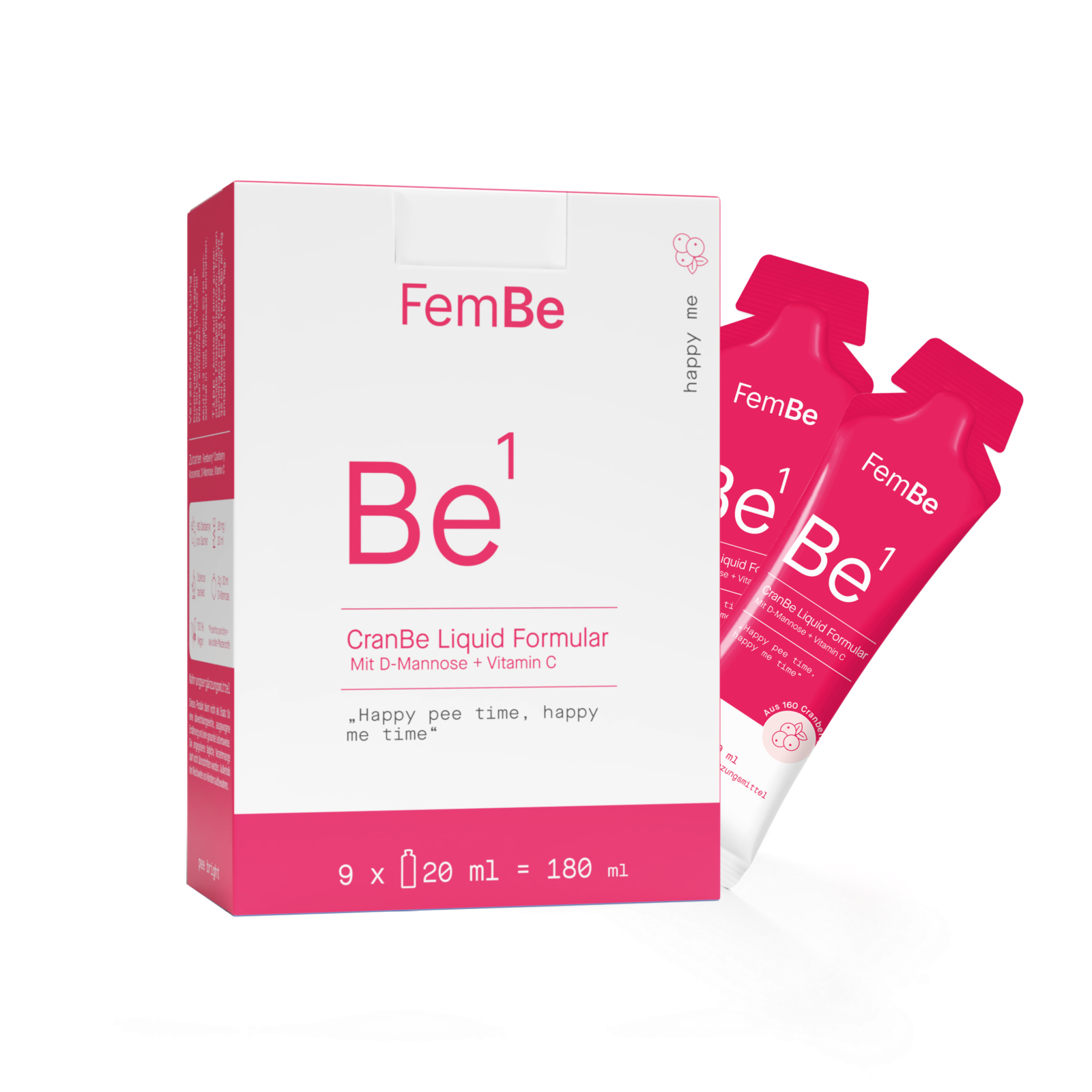 FemBe CranBe Liquid Formular, Cranberry saft Konzentrat mit Vitamin C und D-Mannose für Frauen, Umkartons und Sachets