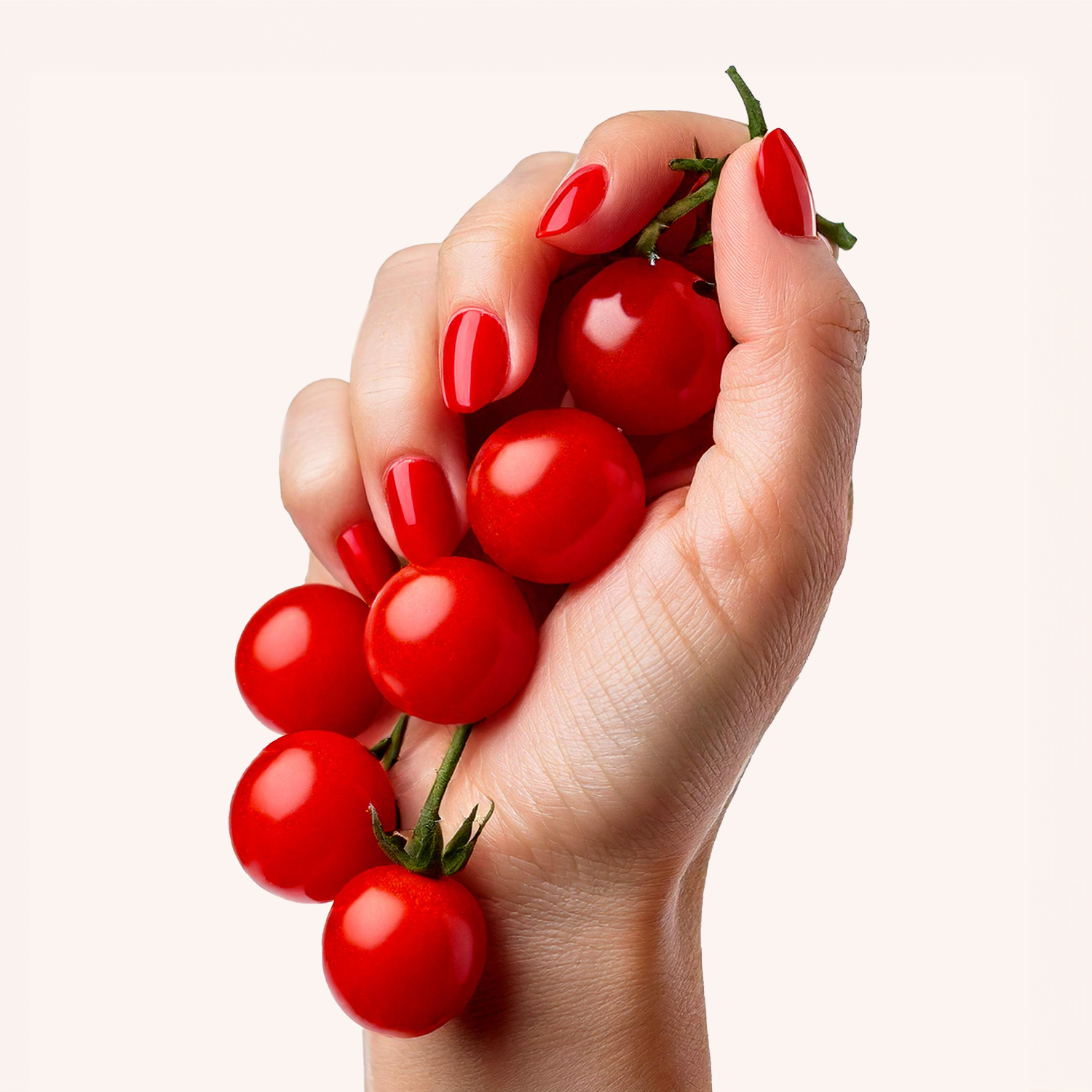 Hand mit rot lackierten Fingernägeln hält eine Rispe Cherrytomaten