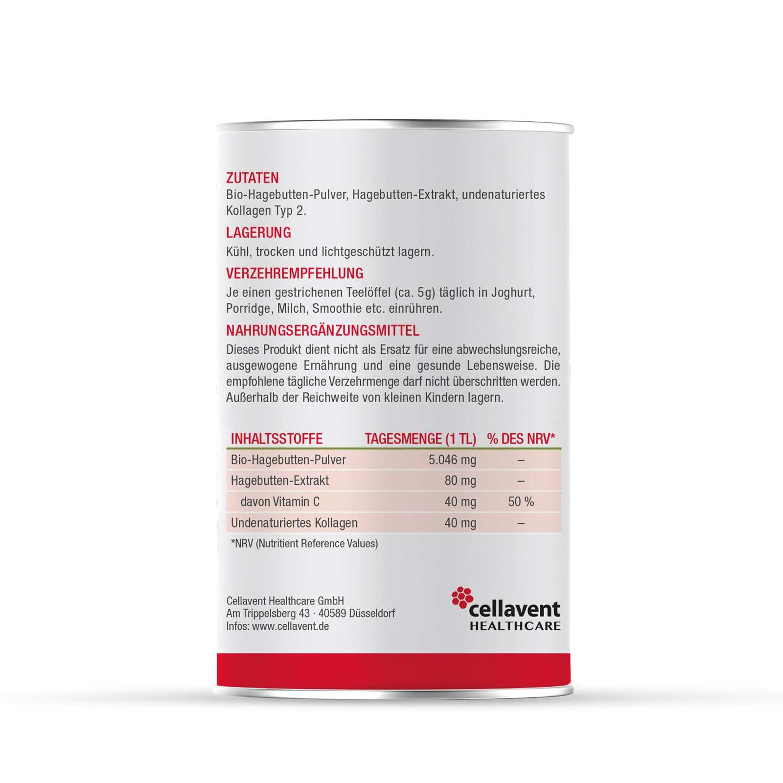 Hagebuttenpulver und Extrakt mit hochwertigen Kollagen Typ 2 – Rosehip PLUS - Cellavent Healthcare