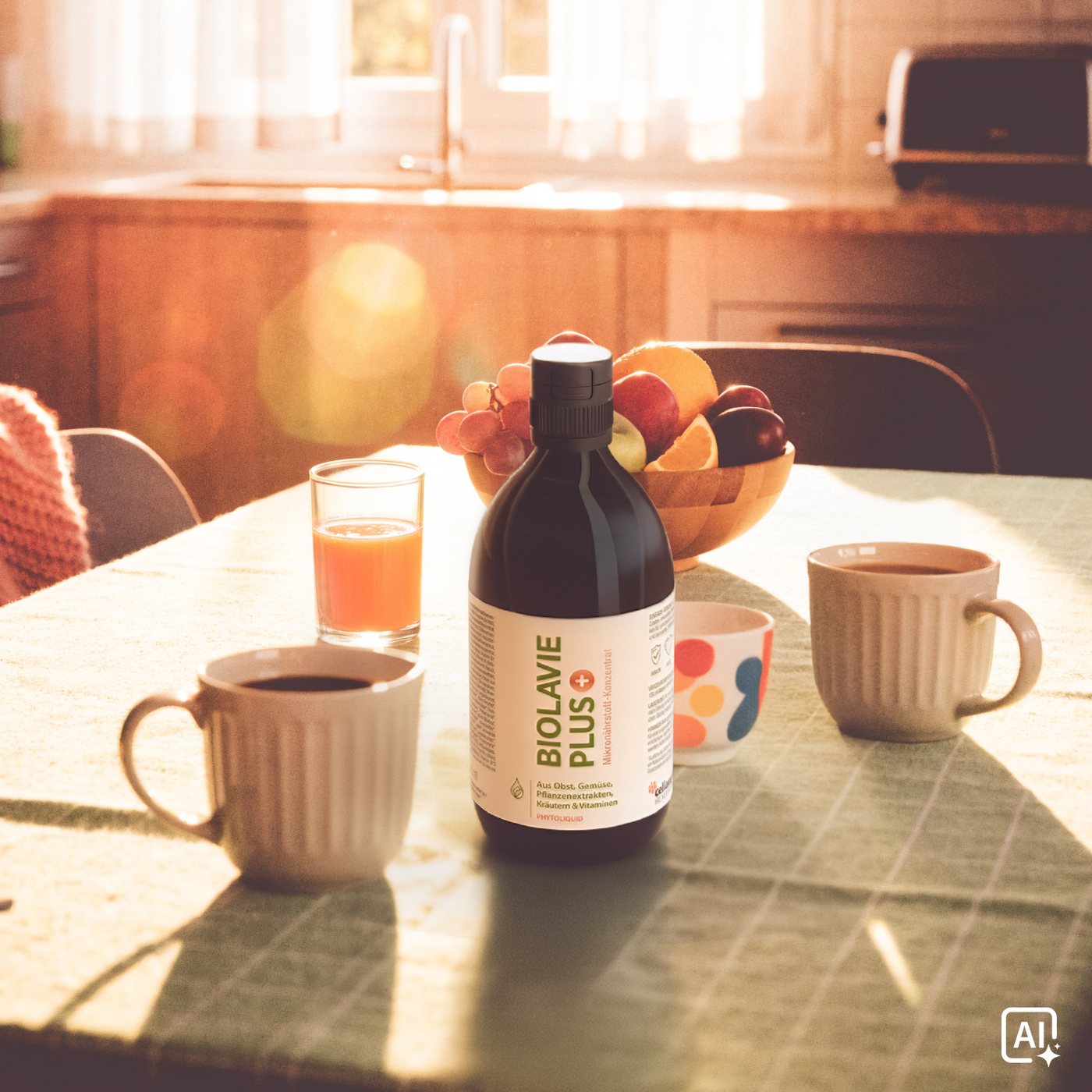 Familienküche am Morgen, BiolaVie PLUS auf dem Frühstückstisch neben Kaffee, Orangensaft und einer Obstschale