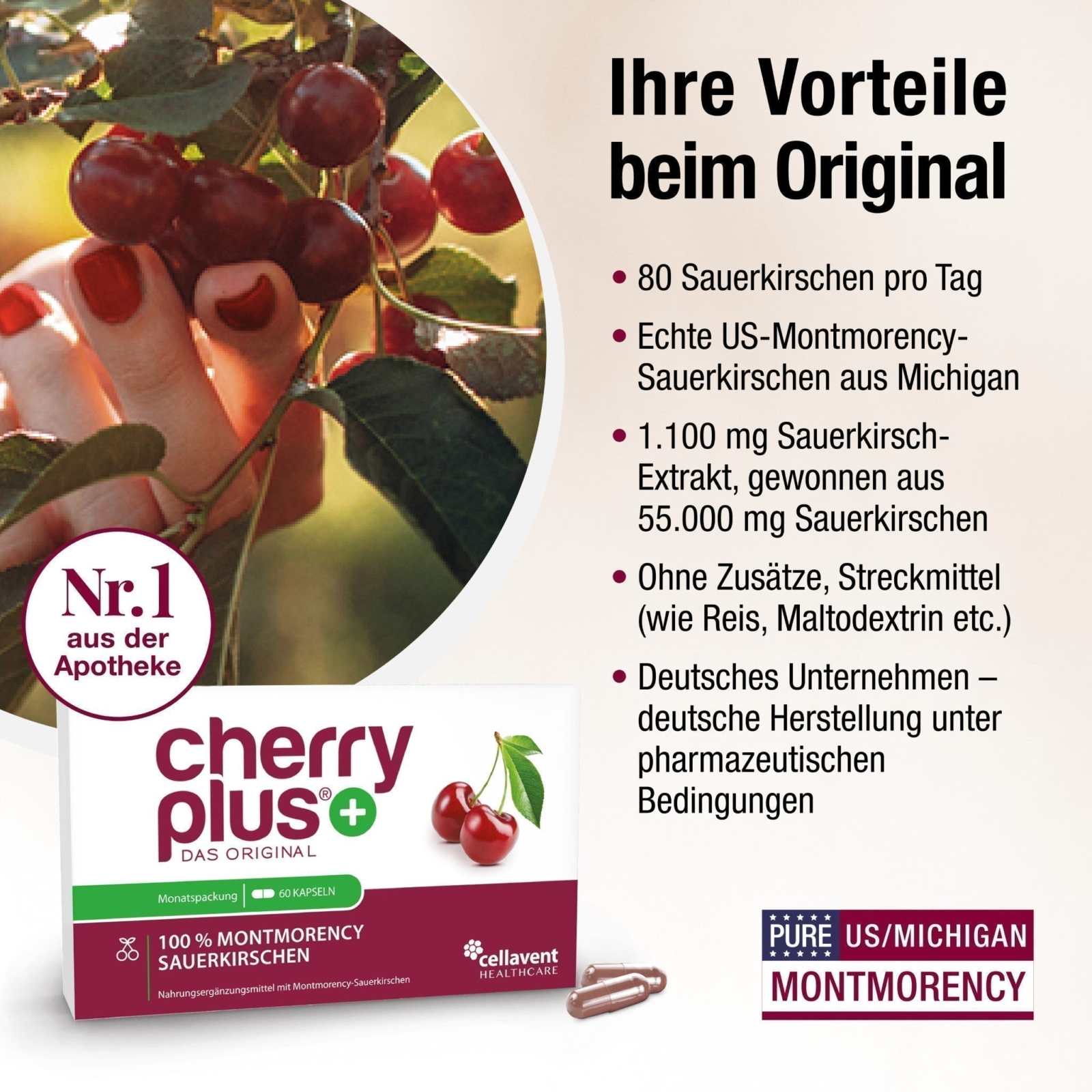 Montmorency Sauerkirsche Kapseln - Cherry PLUS - Cellavent Healthcare