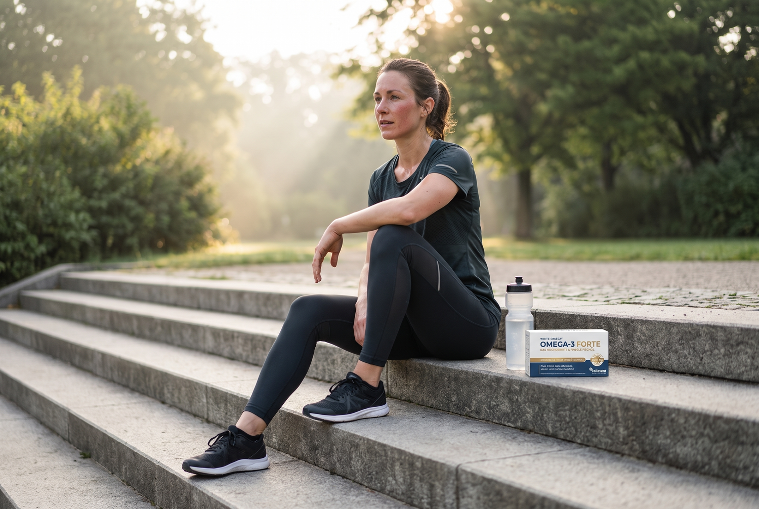 Sportlerin sitzt nach dem Lauf auf einer Treppe, daneben Trinkflasche und White Omega FORTE Omega-3-Kapseln