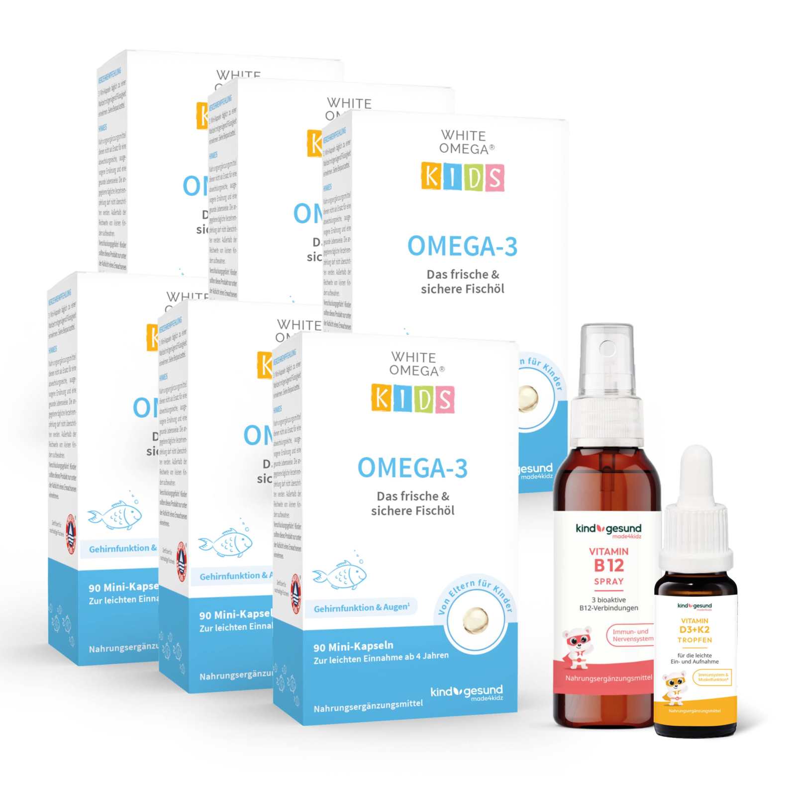 WHITE OMEGA Kids Omega - 3 + Vitamin B12 Spray + Vitamin D3+K2 Tropfen - Cellavent Healthcare
