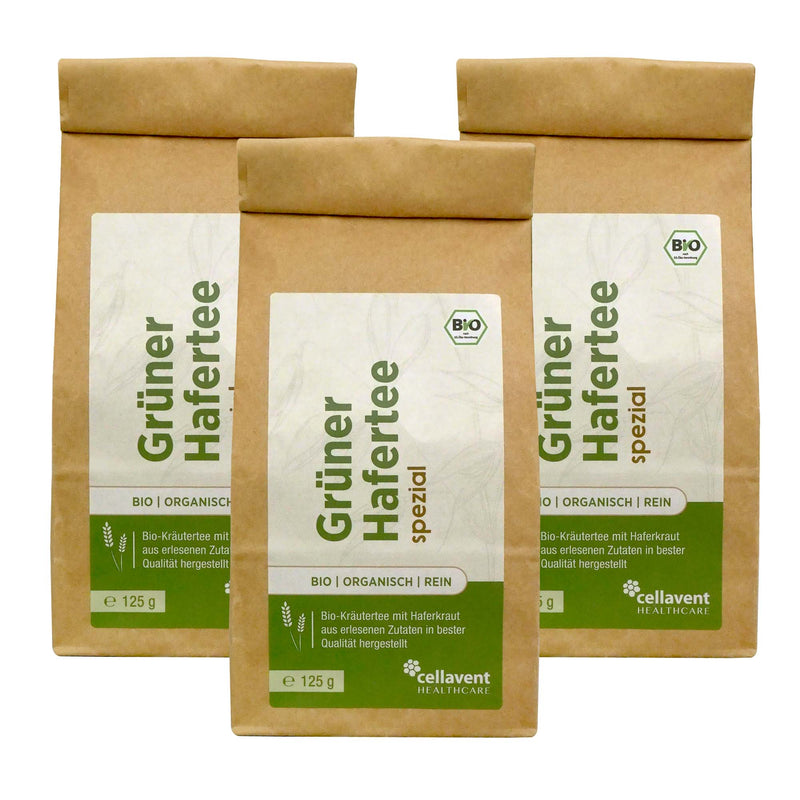 Drei hintereinander stehende Grüner Hafertee spezial  Verpackungen mit insgesamt 375 g Inhalt.