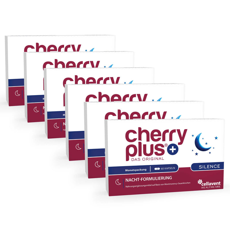 Sechs hintereinander stehende Cherry PLUS Silence Verpackungen mit insgesamt 360 Montmorency Sauerkirsch-Kapseln.
