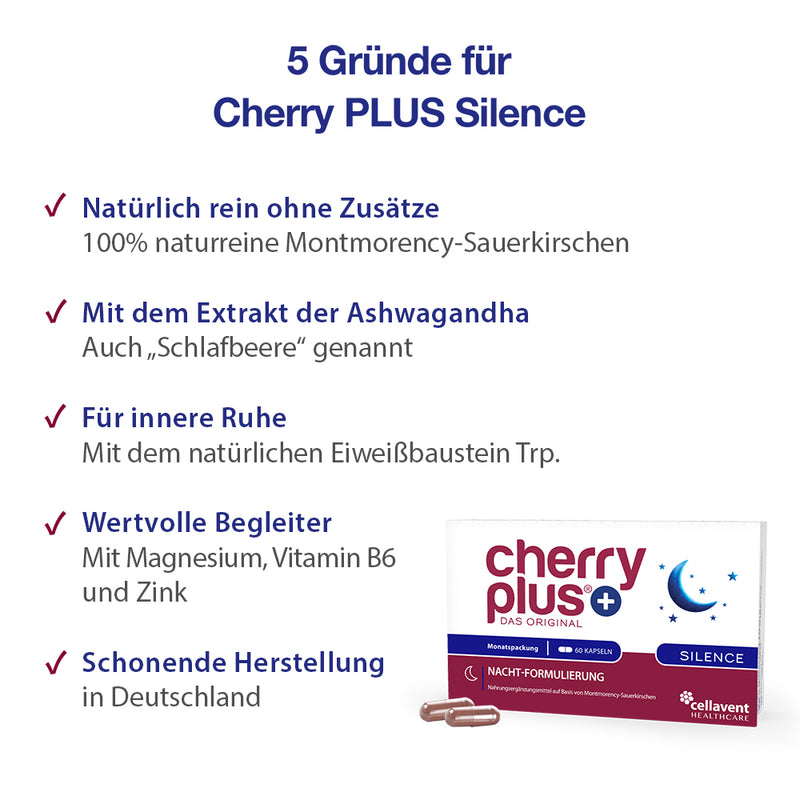 Es werden 5 Gründe für die Cherry PLUS Silence Kapseln genannt, während sich die Verpackung rechts unten mit zwei Kapseln befindet.