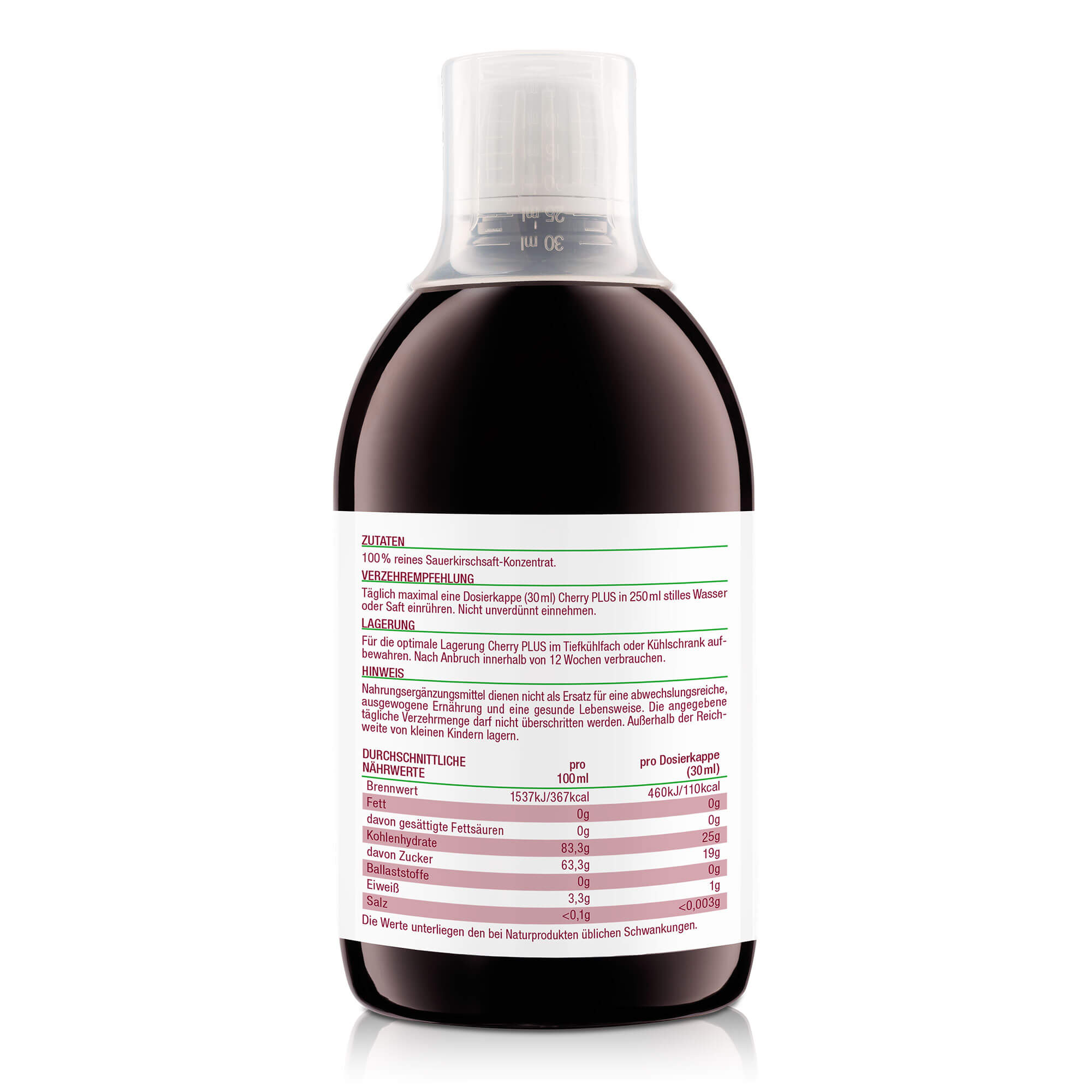 Linke Seite vom Cherry PLUS Montmorency-Sauerkirschkonzentrat 500 ml.
