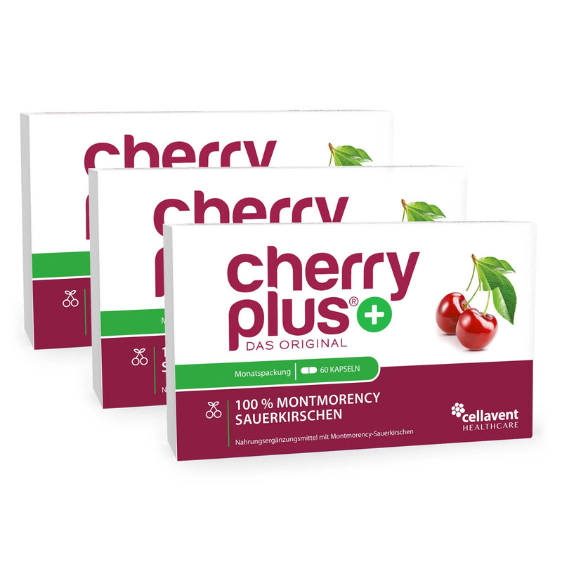 Drei hintereinander stehende Cherry PLUS Verpackungen mit insgesamt 180 Montmorency Sauerkirsch-Kapseln.