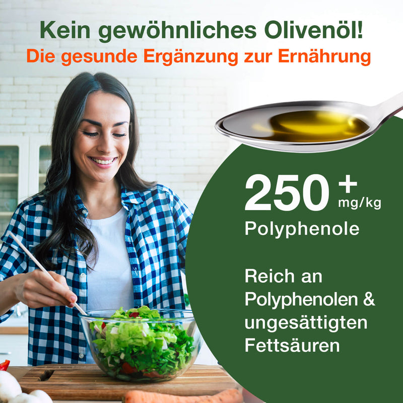 Man sieht eine Frau, die einen Salat zubereitet. Rechts sieht man einen Löffel mit Olivenöl und darunter auf einem grünen Kreis die Angabe der Polyphenolmenge.