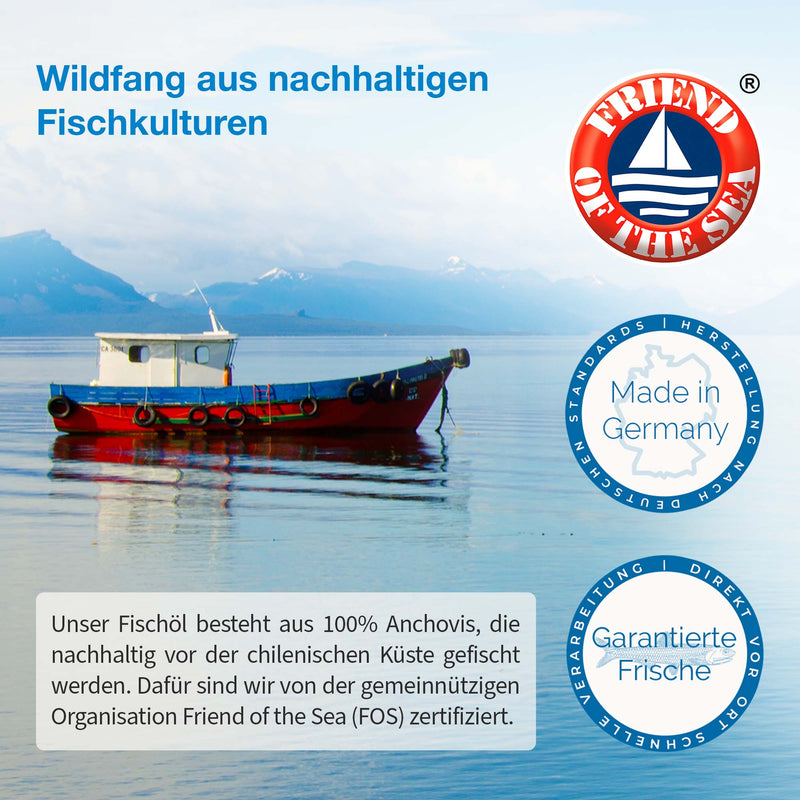 Auf dem Bild ist ein kleines Kutterboot am Meer, während rechts die Siegel, Friend of the Sea, Made in Germany und garantierte Fische abgebildert werden.