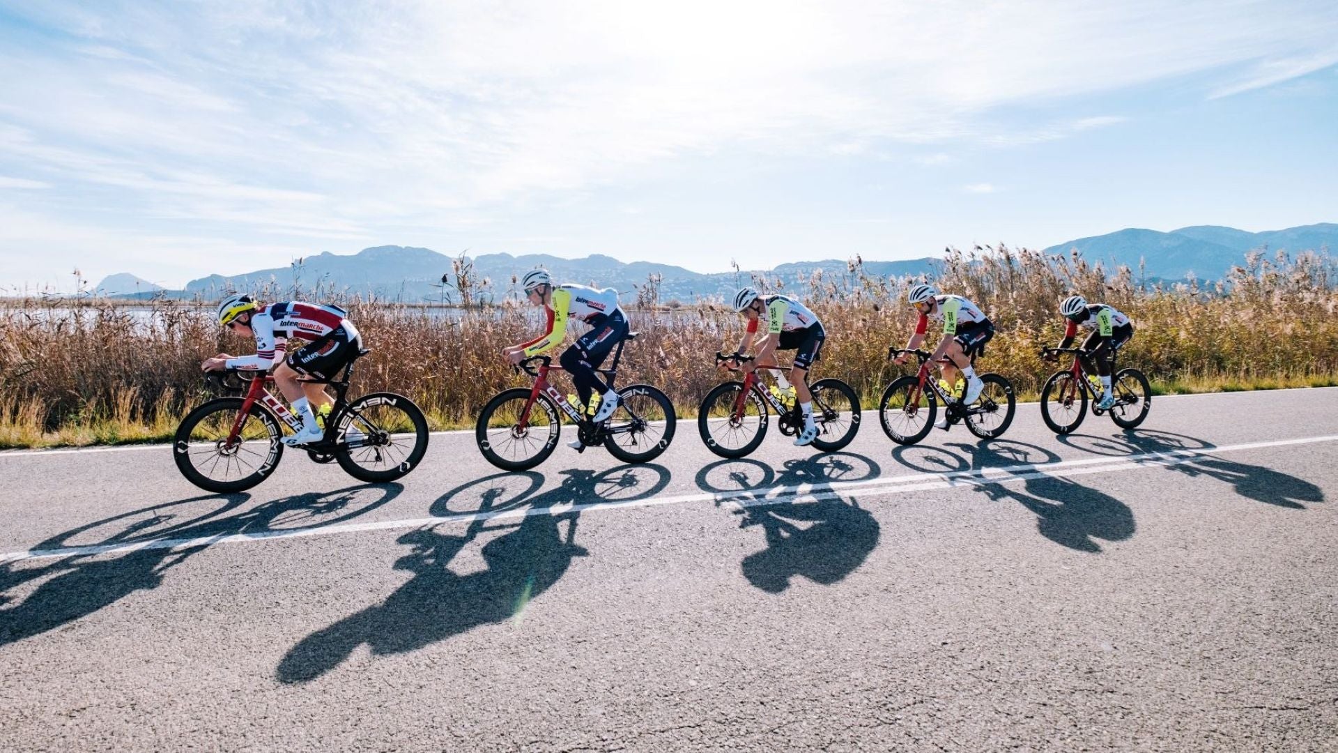 Gruppe professioneller Radsportler im Formationsfahrt bei sonnigem Wetter.