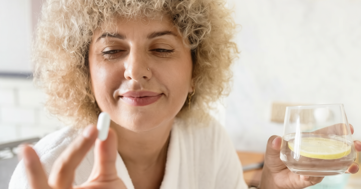Frau betrachtet eine Magnesiumkapsel vor der Einnahme und hält ein Glas Wasser – typische Situation bei der täglichen Magnesium Dosierung.