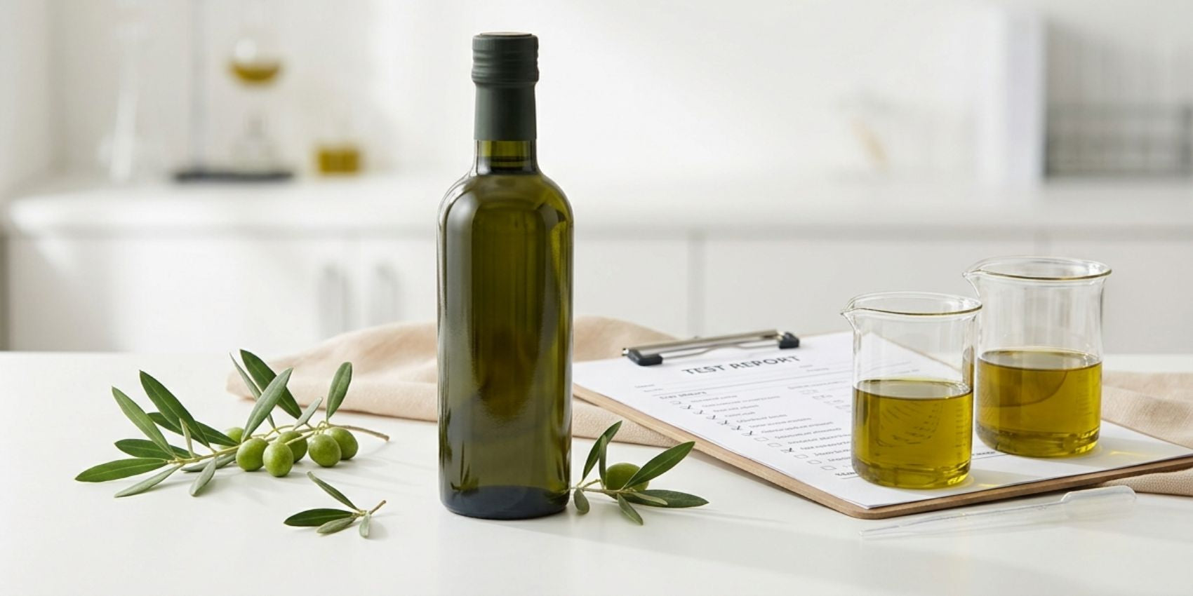 Grüne Olivenöl-Flasche steht neben 2 Gläsern mit Öl und einem Testbericht