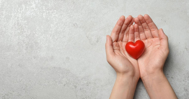 Hände halten ein kleines rotes Herz aus Holz – Symbol für Herzgesundheit, Vorsorge und kardiovaskuläres Wohlbefinden.