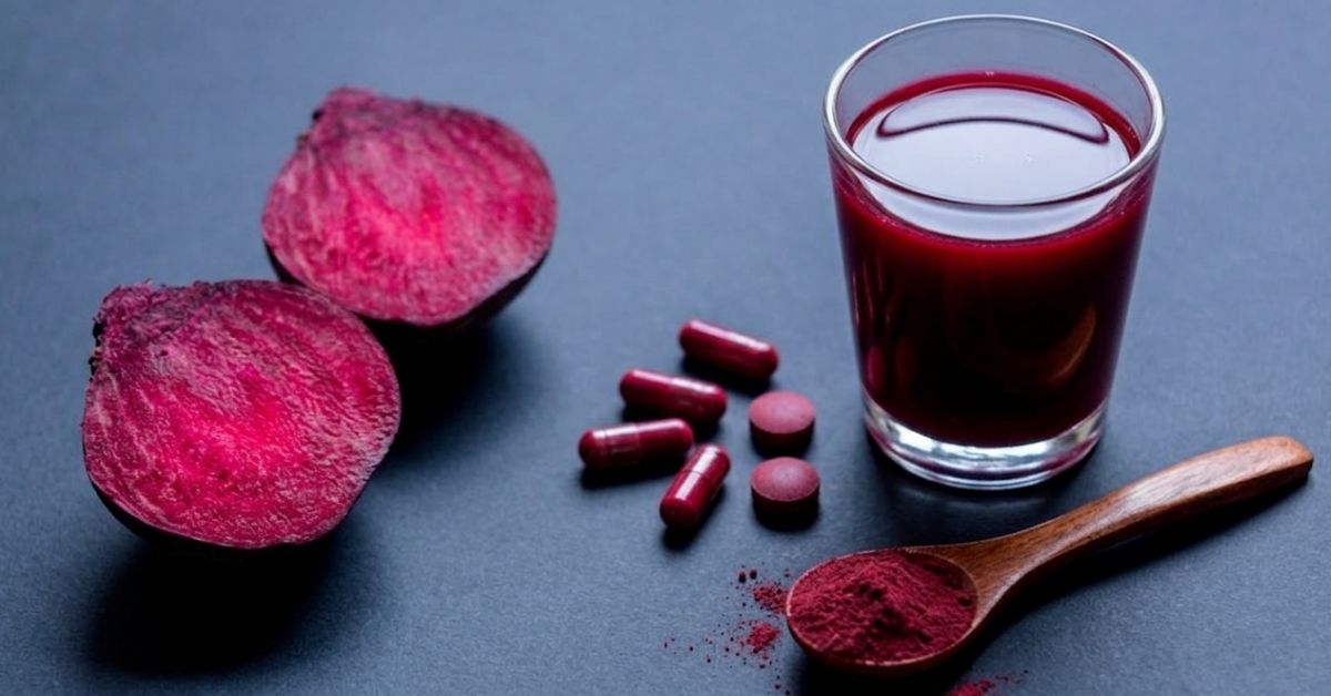 Rote-Bete-Saft, Rote-Bete-Pulver und Kapseln neben frischer Rote Bete als Vergleich verschiedener Darreichungsformen