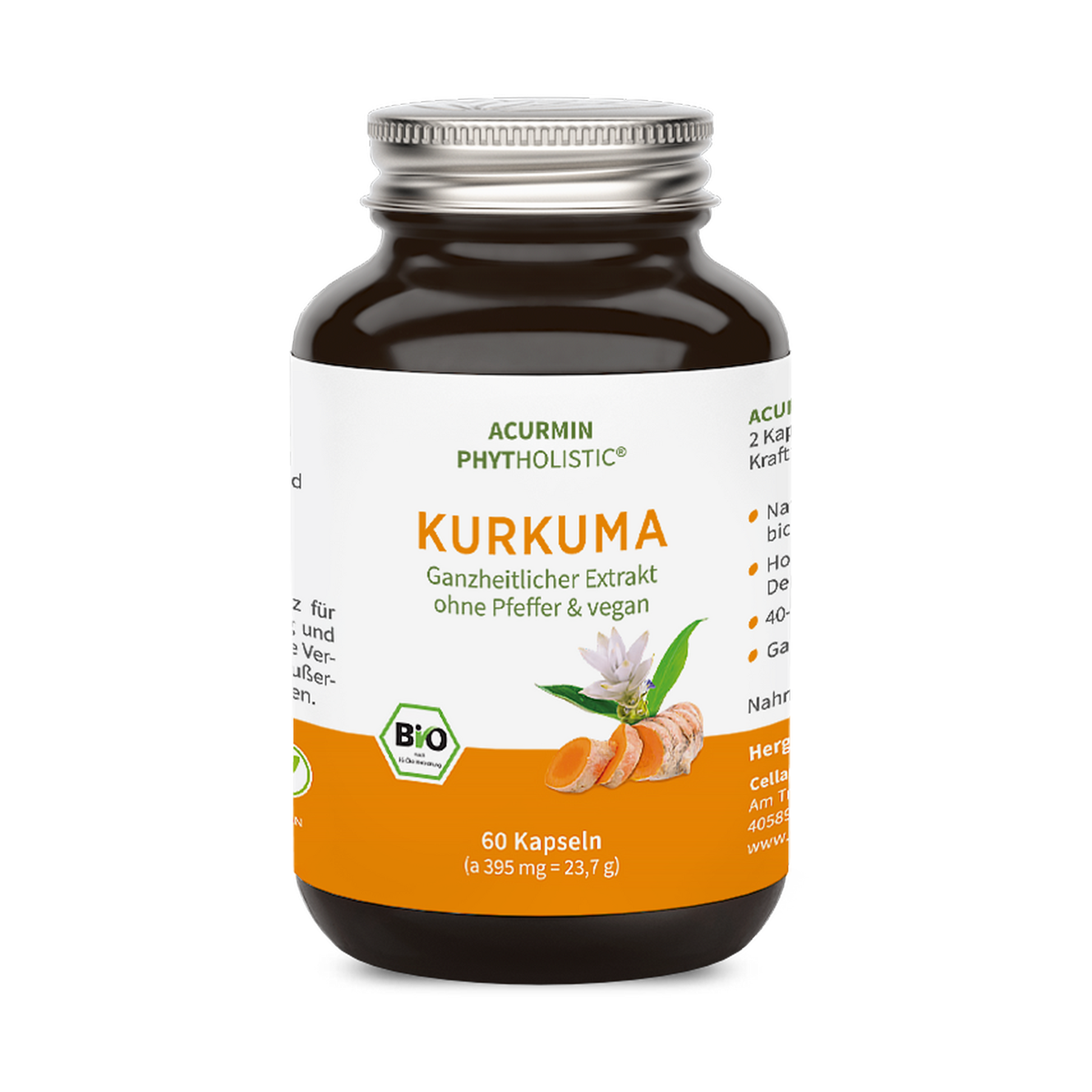 A bottle labeled 'Kurkuma' containing vegan turmeric capsules, 60 count.