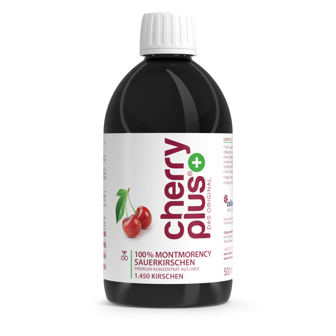 Cherry PLUS Sauerkirschsaft-Konzentrat, 500-ml-Flasche freigestellt vor weißem Hintergrund