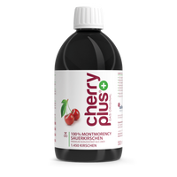 Cherry PLUS Sauerkirschsaft-Konzentrat, 500-ml-Flasche freigestellt vor weißem Hintergrund