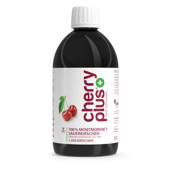 Cherry PLUS Sauerkirschsaft-Konzentrat, 500-ml-Flasche freigestellt vor weißem Hintergrund