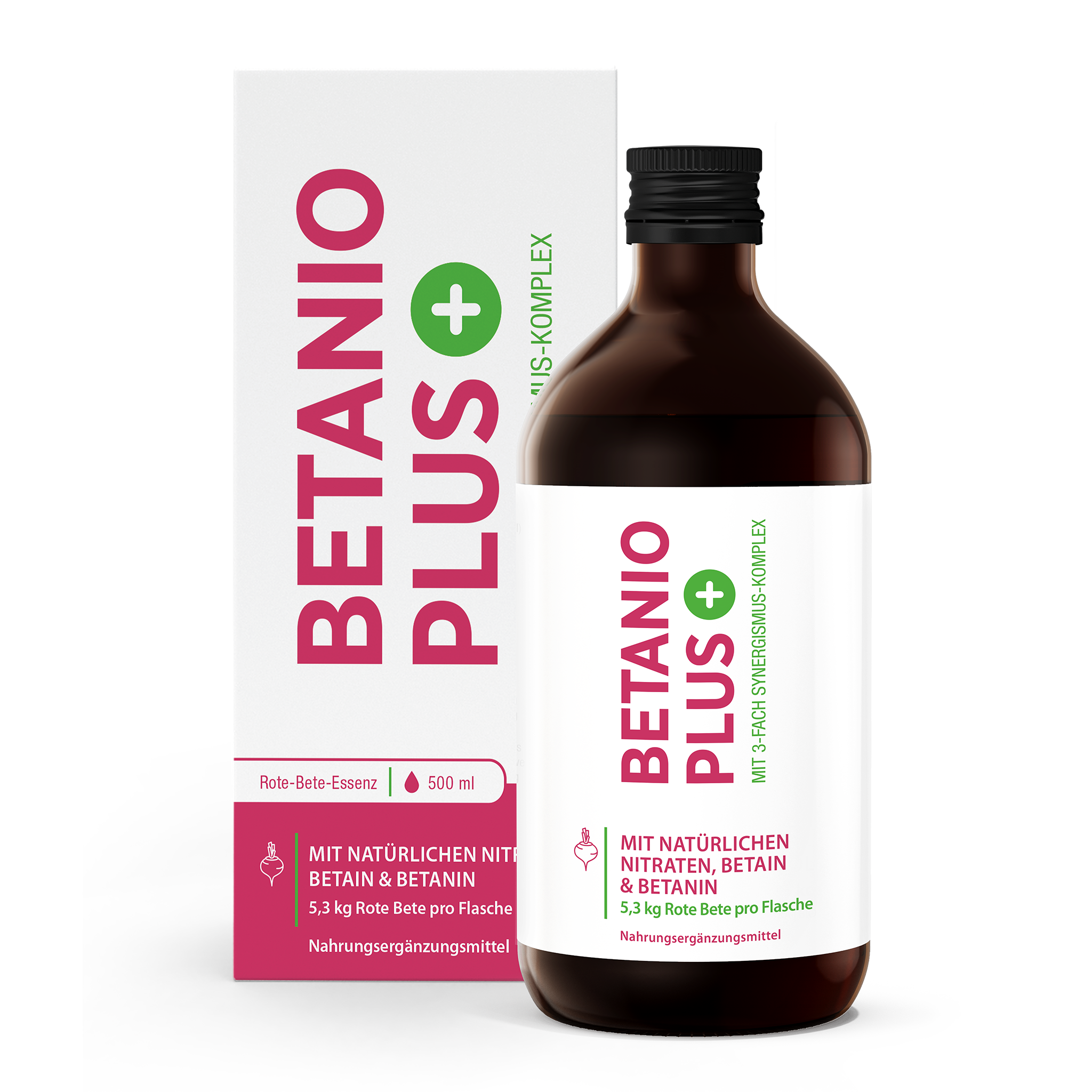 Vorderseite von Betanio PLUS Rote Bete Essenz 500 ml - Flasche und Umkarton.