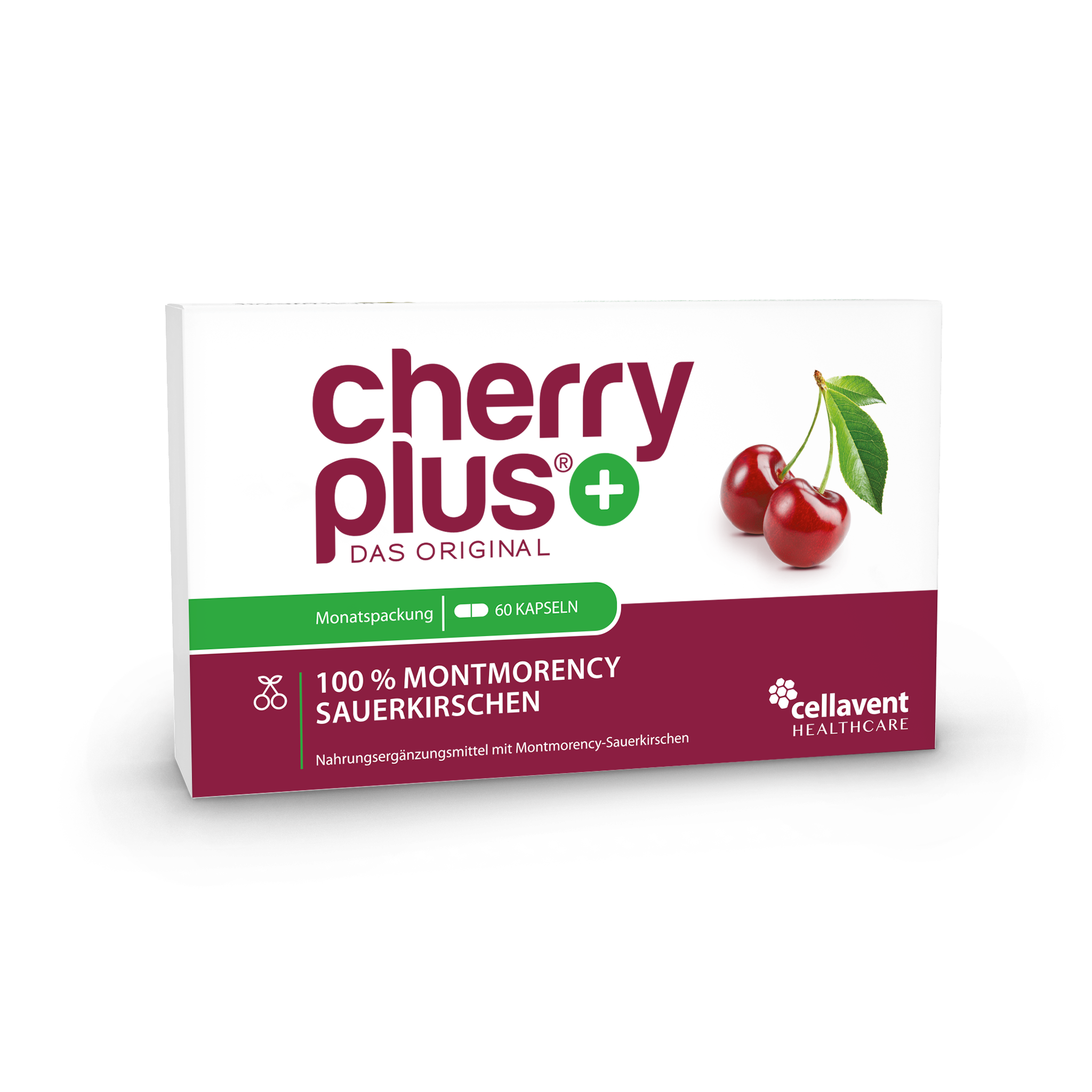 Cherry Plus supplement packaging with cherries illustration, labeled '100% Montmorency Sauerkirschen,' by Cellavent Healthcare.