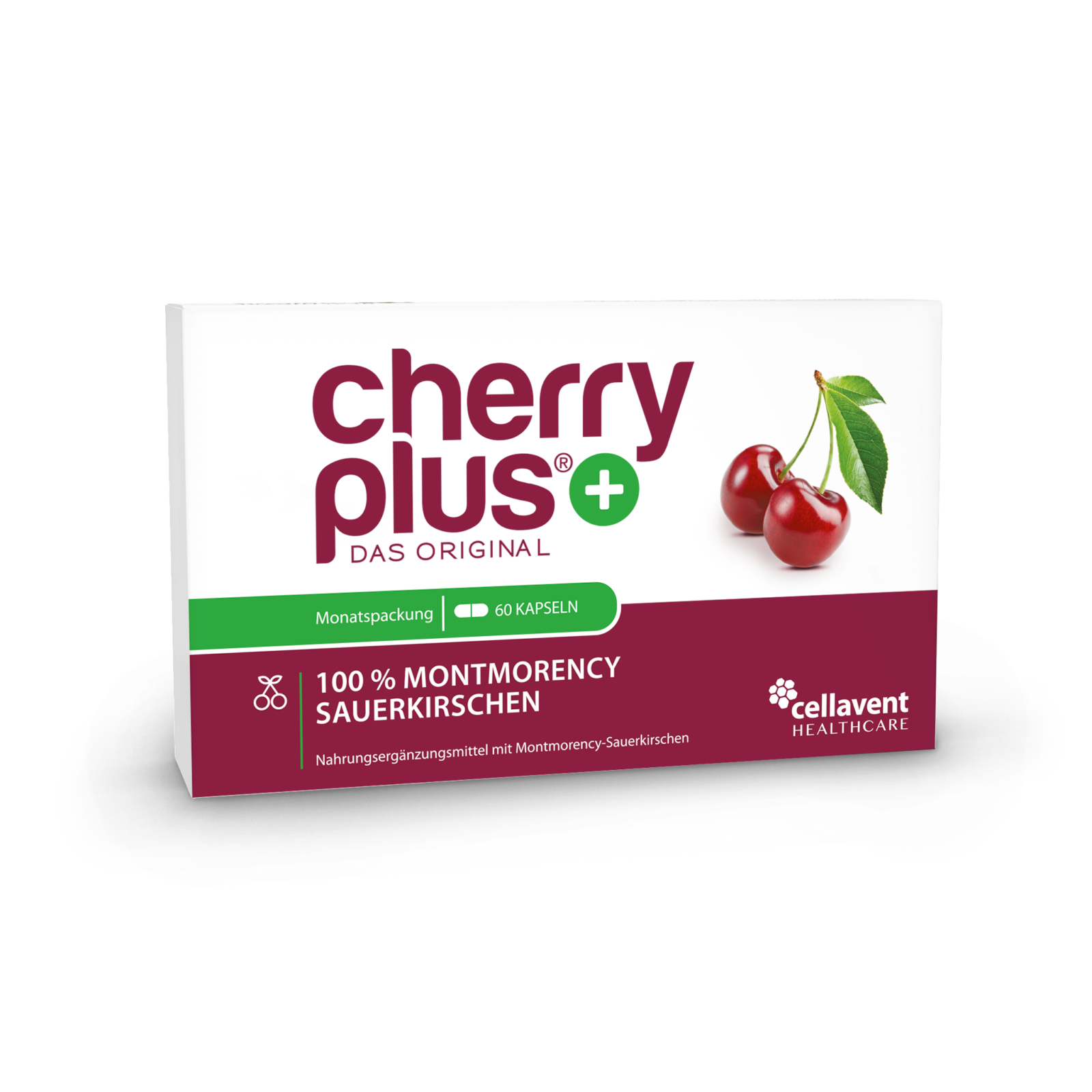 Cherry Plus supplement packaging with cherries illustration, labeled '100% Montmorency Sauerkirschen,' by Cellavent Healthcare.