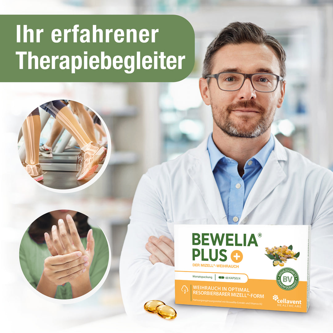 Ihr erfahrener Therapiebegleiter mit dem Apotheker im Hintergrund und der Verpackung von Bewelia PLUS und zwei goldene Kapseln. Daneben zwei Icons wie Beine auf dem Laufband dargstellt werden und eine Frau hält eine ihrer Hand fest.