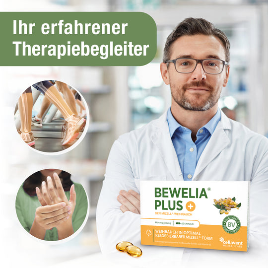 Ihr erfahrener Therapiebegleiter mit dem Apotheker im Hintergrund und der Verpackung von Bewelia PLUS und zwei goldene Kapseln. Daneben zwei Icons wie Beine auf dem Laufband dargstellt werden und eine Frau hält eine ihrer Hand fest.