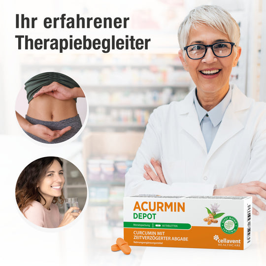 Apothekerin mit zwei Icons: Abbildung vom Bauch und eine Frau trinkt Wasser. Rechts in der Ecke ist die Verpackung von Acurmin DEPOT und zwei Tabletten zu sehen.