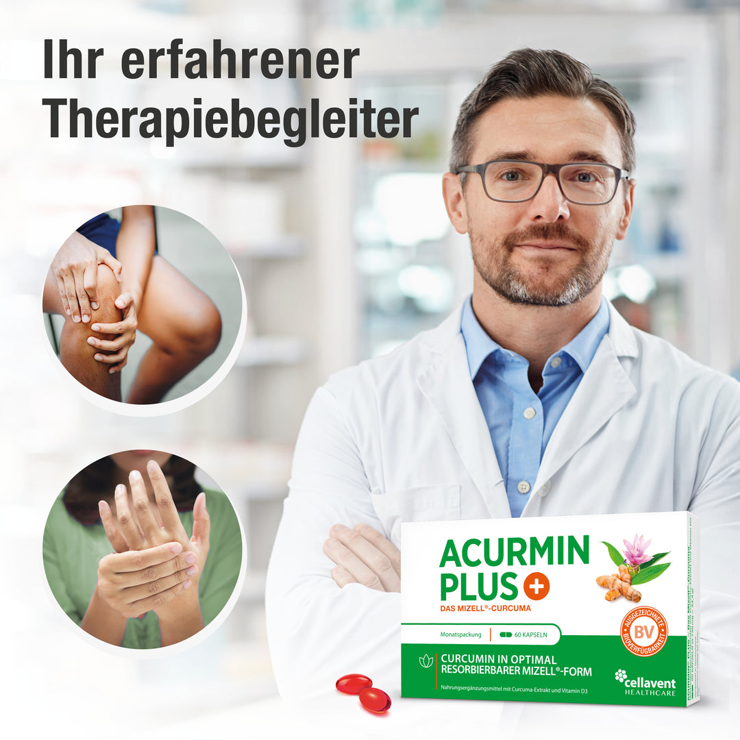 Apotheker mit zwei Icons: Person hält sich am Knie fest und eine Frau hält ihre Hand fest. In der rechten Ecke befindet sich die Acurmin PLUS Verpackung mit zwei roten Softgelkapseln.