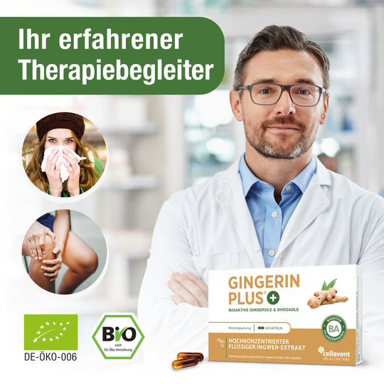 Ihr Erfahrener Therapiebegleiter - Rechts ein Apotheker mit verschränkten Armen, darunter eine Gingerin PLUS Verpackung.